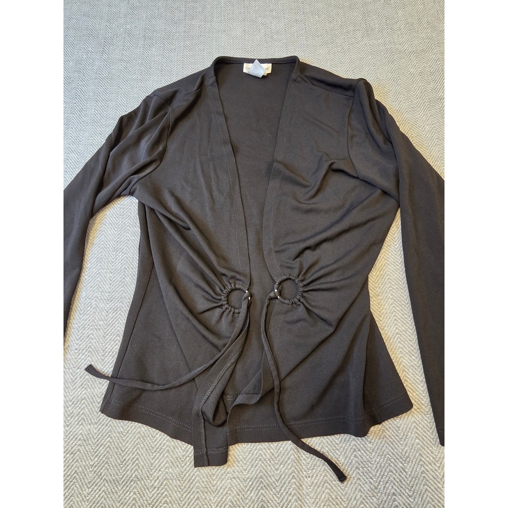 Coldwater Creek Cardigan Top Women's Medium Black Long Sleeve O-Ring Tie Front